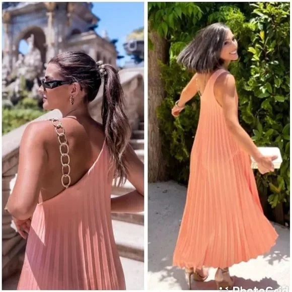 Zara Dresses Zara Pleated Dress Chain Strap Peach Midi Gold